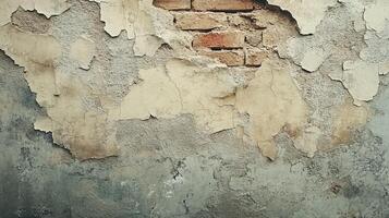 Weathered Old Stucco Wall with Peeling Paint and Exposed Red Brick Texture for Urban Decay or Grunge Background Use photo