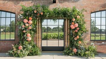 Modern Industrial Wedding Backdrop with Lush Greenery and Peach Floral Arch on a Brick Wall Setting with Large Windows photo