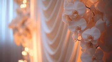 Romantic Floral Arrangement Featuring White Orchids Against a Flowing Ivory Fabric Background with Warm Ambient Lighting photo