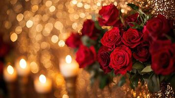 Luxurious Red Rose Bouquet Against Sparkling Gold Sequin Backdrop with Candlelight Ambience photo