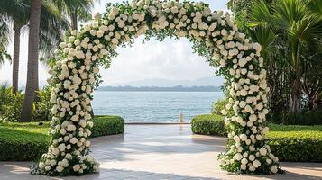 Tropical Seaside Wedding Arch Decorated with Elegant White Roses and Greenery photo