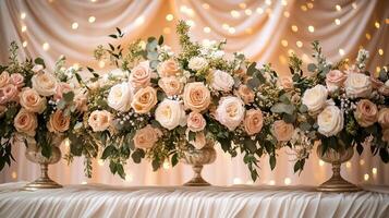 Luxurious Wedding Reception Table Decor Featuring Soft Pink and White Roses in Vintage Gold Vases with Glowing Light Curtain Background photo
