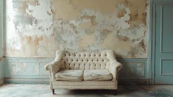 Distressed Antique Couch in Front of Crumbling Wall with Flaky Paint and Pastel Wooden Panels in Rustic Abandoned Room photo