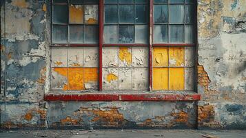 Weathered Factory Wall Showcasing Cracked Yellow Paint, Decayed Metal Frames, and Historic Architectural Elements photo
