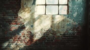 Atmospheric Abandoned Factory Interior with Sunlight Streaming Through Vintage Window onto Weathered Brick and Plaster Wall photo