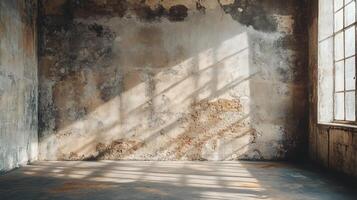 Abandoned Industrial Interior with Dramatic Window Light Casting Geometric Shadows on Deteriorated Walls photo