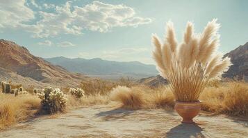 Decorative Terracotta Pot with Fluffy Pampas Grass Against Breathtaking Mountain Desert Landscape with Golden Dry Vegetation and Cacti Under Bright Blue Sky photo