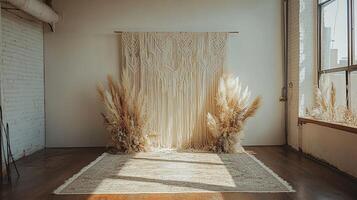 Photo Booth Background with Large-Scale Woven Macrame Wall Art, Symmetrical Dried Pampas Grass Displays, and Decorative Floor Covering in Bright Minimalist Interior with Industrial Elements