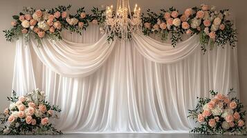 Luxurious Indoor Wedding Decor with Layered White Fabric, Soft Pink Florals, and Sparkling Chandelier Lighting photo