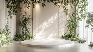 Elegant Circular White Platform Stage with Natural Hanging Greenery, Dappled Sunlight Shadows and Minimalist Cream Wall Backdrop photo