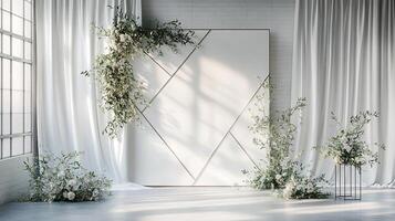 Elegant Geometric White Wedding Backdrop with Draped Curtains and White Floral Arrangements in a Sunlit Studio Setting photo