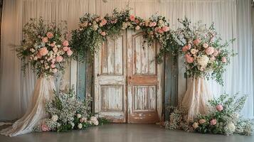 Luxurious Wedding Ceremony Backdrop with Vintage Distressed Double Doors Framed by Pink Roses, Hydrangeas, Eucalyptus Greenery and Lace Drapery Against White Curtain Background photo