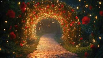 Enchanted Garden Walkway with Illuminated Rose Arch Tunnel, Fairy Light Installation and Stone Pathway Surrounded by Blooming Red Roses at Twilight photo