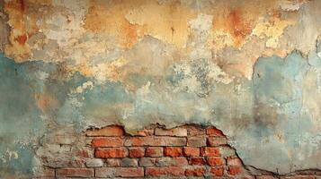 Vintage Plaster Wall with Weathered Texture and Exposed Red Brickwork Showing Urban Decay and Age photo