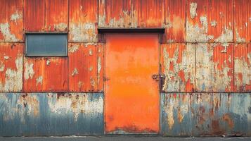 Abandoned Factory Exterior with Bright Orange Door, Window Panel, and Extensive Rust Patina on Corrugated Metal Walls photo