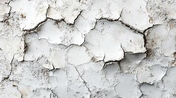 Severely Cracked White Plaster Wall Surface with Flaking Paint and Deep Fissures Creating Natural Abstract Texture Pattern photo