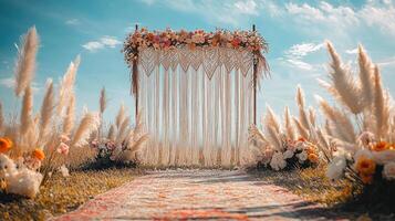 Romantic Open-Air Wedding Decoration with Artistic Macrame Hanging, Fresh Flower Garland in Warm Tones, Colorful Textile Runner, and Natural Dried Grasses Under Clear Blue Sky at Golden Hour photo