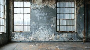 Vintage Industrial Architecture Featuring Dirty Window Panes, Distressed Floors, and Decaying Walls in a Neglected Building photo