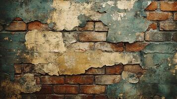Close-Up of Vintage Brick Wall with Faded Multicolored Paint and Cracked Surface photo