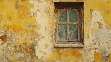 Weathered Wooden Window in Distressed Yellow Ochre Wall with Peeling Paint and Historical Architectural Character photo