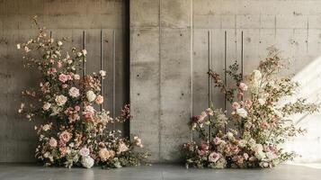 Romantic Industrial Wedding Setup with Blush and Cream Roses in Asymmetrical Floral Design Against Exposed Concrete Background photo