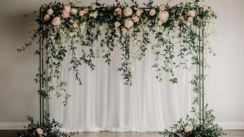 Elegant Minimalist Wedding Backdrop with Flowing White Sheer Curtains and Romantic Floral Garland of Blush Roses and Greenery photo