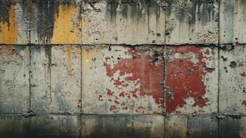 Weathered Gray Concrete Surface with Striking Red Paint Mark and Oxidized Metal Stains Showcasing Natural Deterioration in Industrial Architecture photo