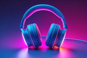 Headphones with neon lights on a dark background photo
