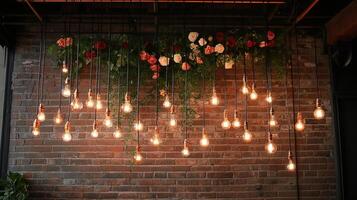 Elegant Industrial Chic Event Decoration with Multiple Hanging Light Bulbs and Luxurious Rose Floral Installation with Greenery Against Authentic Red Brick Wall Background photo