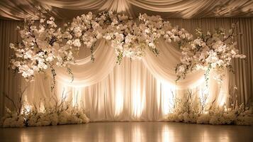Stunning Ceremony Backdrop Featuring Cascading White Orchids, Draped Ivory Curtains, and Ambient Warm Lighting photo