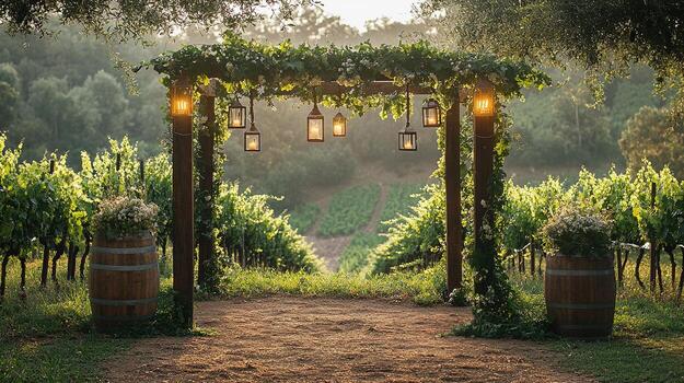 elegante lagar Boda arco con brillante linternas, rústico vino barriles y verdor con vista a brumoso viñedo filas a puesta de sol foto