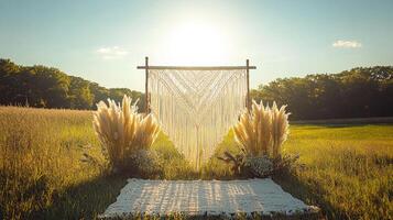 Ethereal Countryside Wedding Setup Featuring Geometric Macrame Wall Hanging, Dried Floral Arrangements, and Handwoven Mat Illuminated by Evening Sunlight photo