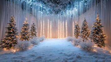 Romantic Winter Wedding Aisle Illuminated with Warm Fairy Lights and Lanterns under Snow-Covered Trees photo
