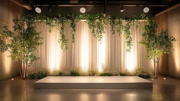 Contemporary Wedding Ceremony Stage with Minimalist White Platform, Illuminated Sheer Draping, Suspended Greenery and Baby's Breath Florals photo