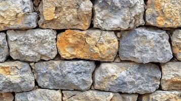 Ancient Stone Fortification Texture with Rectangular Limestone Blocks Displaying Natural Aging Patterns and Rich Geological Color Variations photo