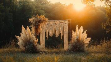 Elegant Outdoor Wedding Installation Featuring Macrame Tapestry and Natural Dried Florals in Warm Sunset Glow with Forest Background photo