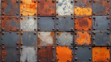 Seamless Industrial Grunge Background of Riveted Metal Plates with Rust, Scratches, and Peeling Paint Texture photo