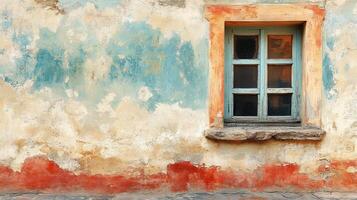 Rustic Old World House Exterior with Blue Painted Window and Orange-Red Accents. Distressed Stucco Wall with Artistic Decay Patterns photo