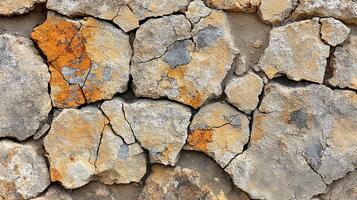 Ancient Gray Stone Wall with Orange Rust Oxidation Patterns and Natural Cracks photo