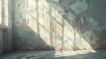 Empty Room Interior with Cracked and Peeling Plaster Wall Lit by Soft Natural Light from Window Shadows photo