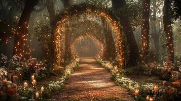 Dreamy Forest Wedding Venue with Light-Draped Tree Arches, Wildflower Decor, and a Rustic Trail Illuminated by Candles and Sparkling String Lights photo