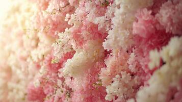 Dreamy Close-Up of Delicate Cherry Blossom Branches with Soft Pink and White Petals in Full Spring Bloom with Ethereal Golden Light Bokeh Background photo