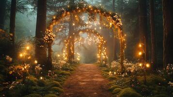 Dreamy Woodland Wedding Setting with Glowing Lanterns, Moss-Covered Ground, and Illuminated Floral Arches Creating a Fairytale Atmosphere photo