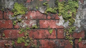 Weathered Red Brick Wall with Moss Growth and Peeling Plaster Texture in an Urban Decay Setting photo