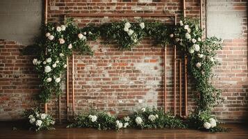Industrial Wedding Backdrop with Copper Pipe Frame and Greenery Floral Decor Against Rustic Red Brick Wall photo