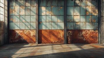 Abandoned Industrial Space with Weathered Turquoise Tiles and Rusty Orange Base Wall with Dramatic Window Light Patterns photo