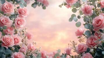Romantic Bouquet Featuring Soft Pink Roses, Eucalyptus Leaves, and Tiny White Flowers Against a Dreamy Pastel Background photo