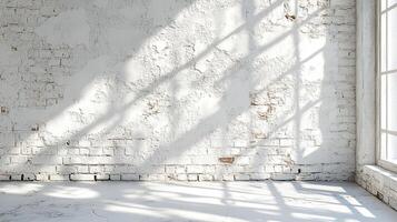 Minimalist White Brick Interior with Sunlight Streaming Through Window Creating Geometric Shadow Patterns on Textured Wall photo