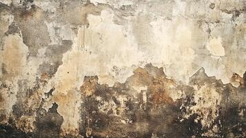 Aged Plaster Wall with Peeling Paint and Water Damage Stains in Beige and Brown Tones. Grunge Texture Background photo