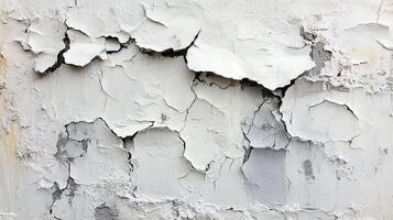 Weathered White Stucco Wall with Extensive Cracking and Peeling Layers Revealing Underlying Surface Texture photo